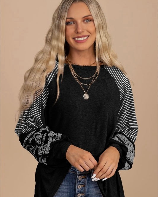 Solid Black Contrasting Stripes & Lace Long Sleeve Pullover Top