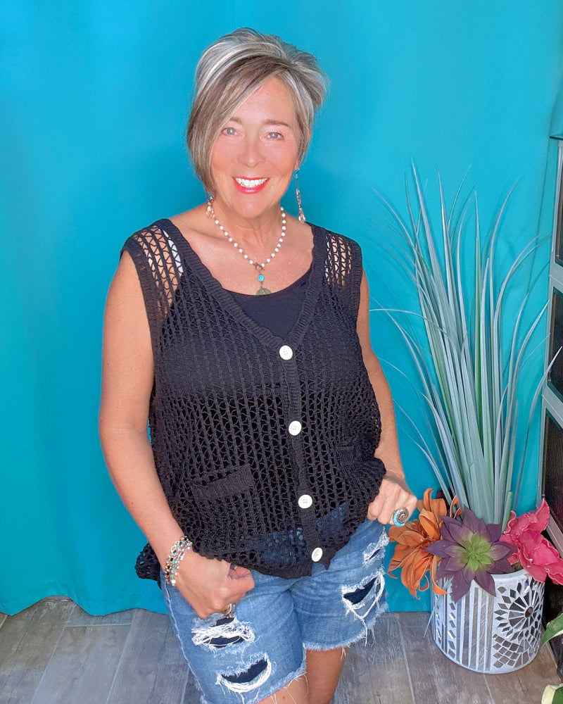 Black Hollowed Out Sleeveless Button Down Sweater Vest Top