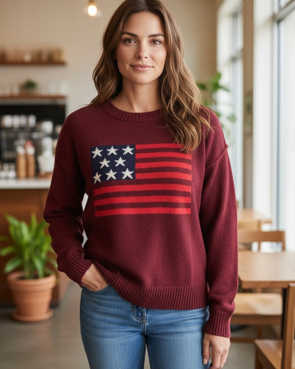 Burgandy Wine USA American Flag Knit Long Sleeve Sweater