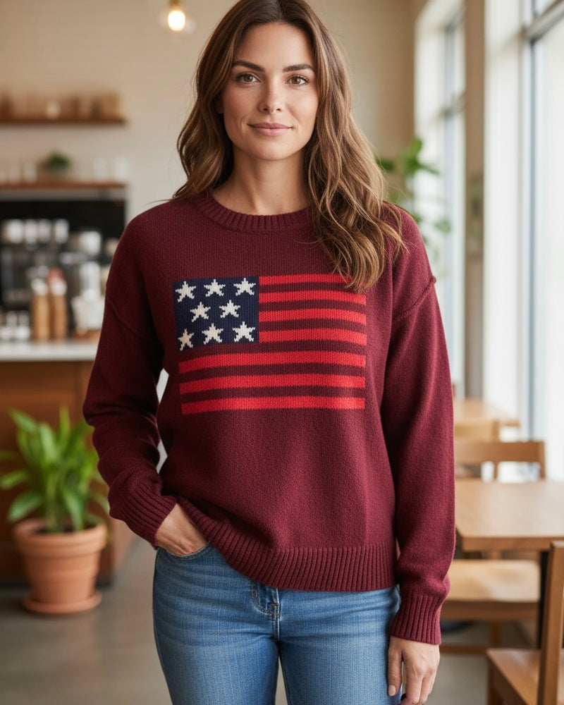 Burgandy Wine USA American Flag Knit Long Sleeve Sweater