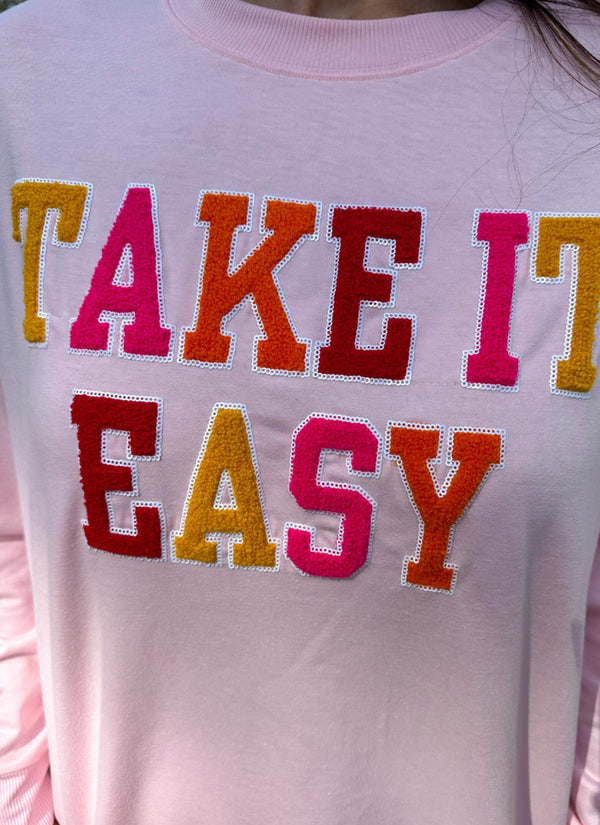 Pink "Take It Easy" Chenille Patch Long Sleeve Sweatshirt