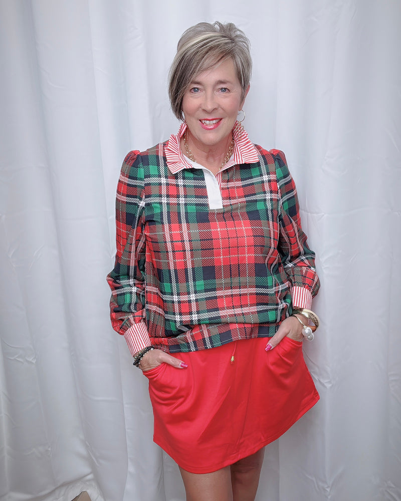 Red, White & Black Plaid Long Sleeve Contrast Stripe Ruffle Neck Blouse Top