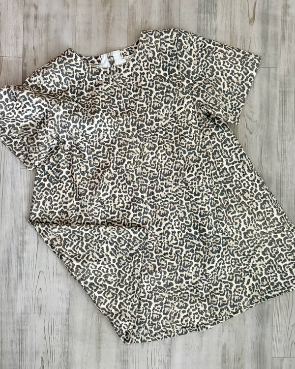 Brown Leopard Animal Print Short Sleeve Denim Dress