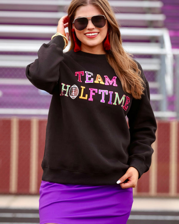 Black "Team Halftime" Chenille Patch Long Sleeve Patchwork