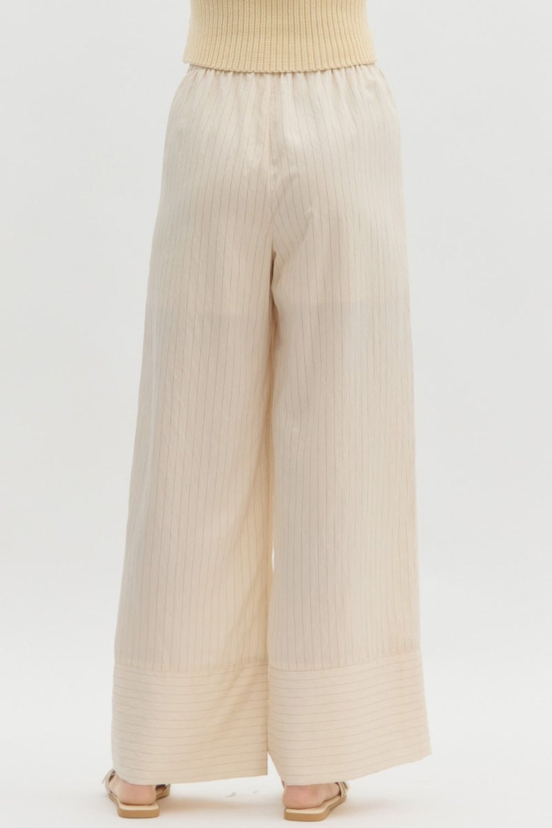 Ecru Cream Off White Striped High Waist Wide Leg Contrast Hem Pull on Pants
