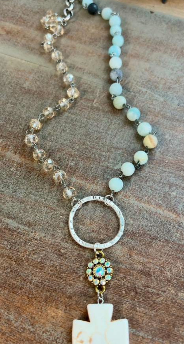 Multicolor Bead on Gun Metal Link Chain White Stone Cross Pendant Necklace