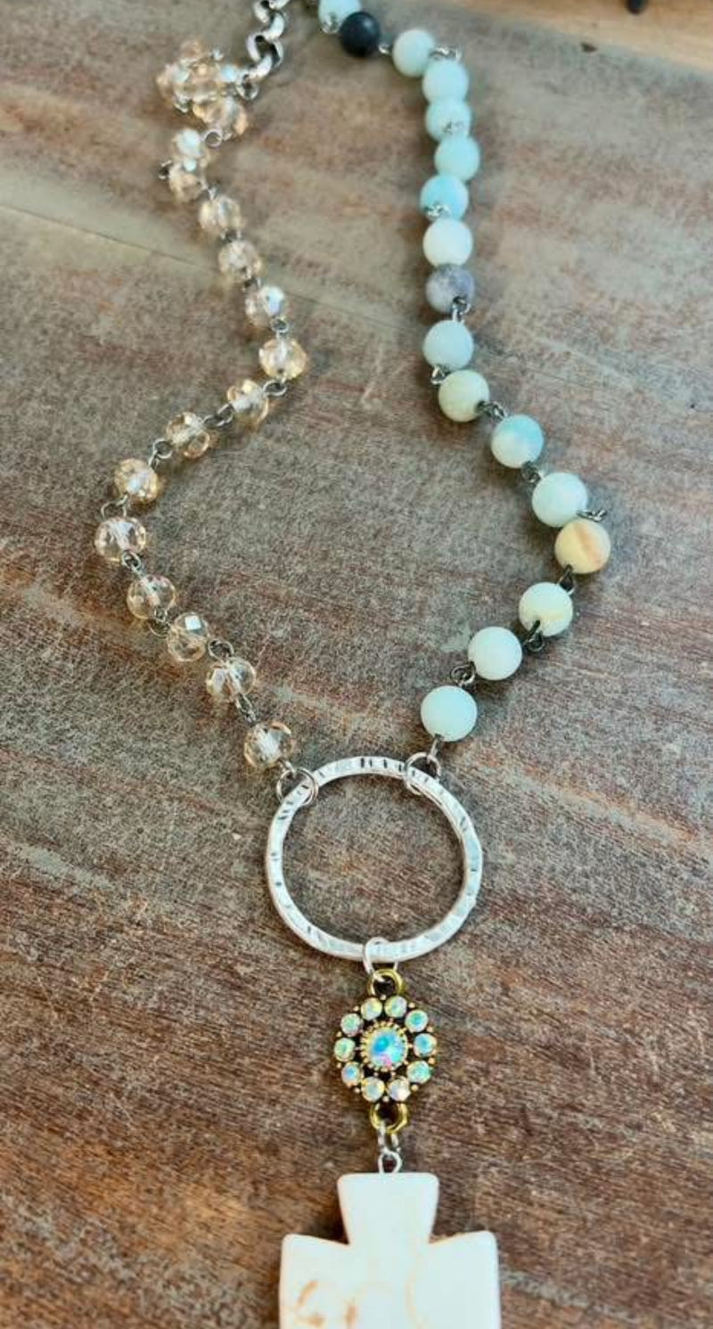 Multicolor Bead on Gun Metal Link Chain White Stone Cross Pendant Necklace