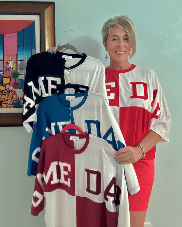 Huddle Up Color Block "Game Day” Chenille Patch 3/4 Sleeve Pullover Top