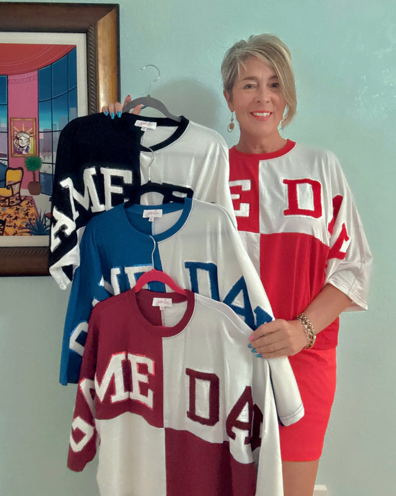 Huddle Up Color Block "Game Day” Chenille Patch 3/4 Sleeve Pullover Top