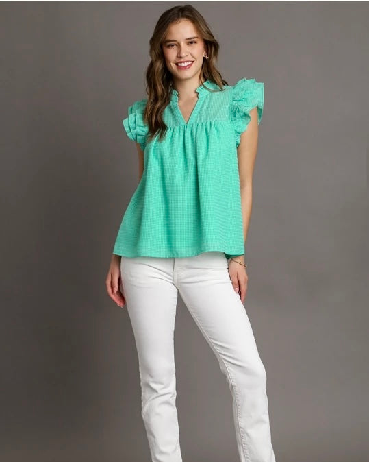 Plus Size Seafoam Green Short Ruffle Cap Sleeve Open Split Neck Top