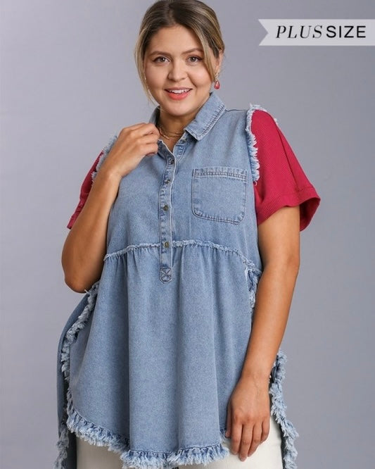 Plus Size Light Denim Sleeveless Tunic Dress Top with Raw Edges