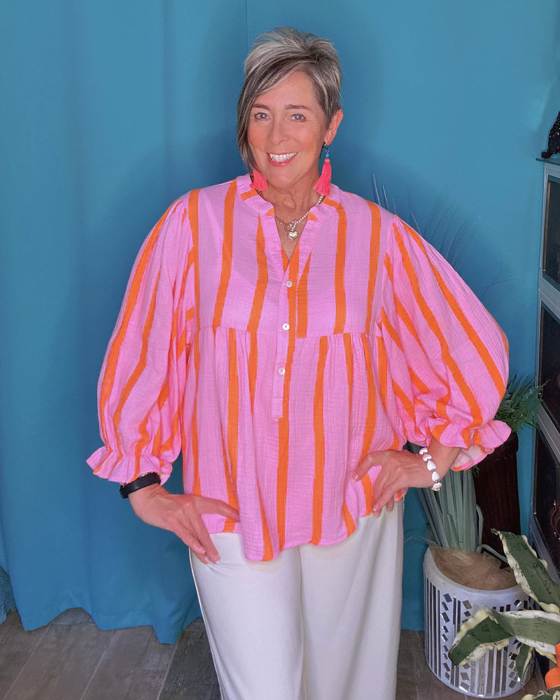 Pink w/Orange Stripe Long Balloon Sleeve Button Down Blouse