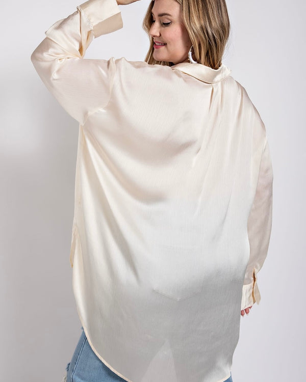 Plus Size Silky Sage Green or Ivory Button Down Long Sleeve Collared Blouse