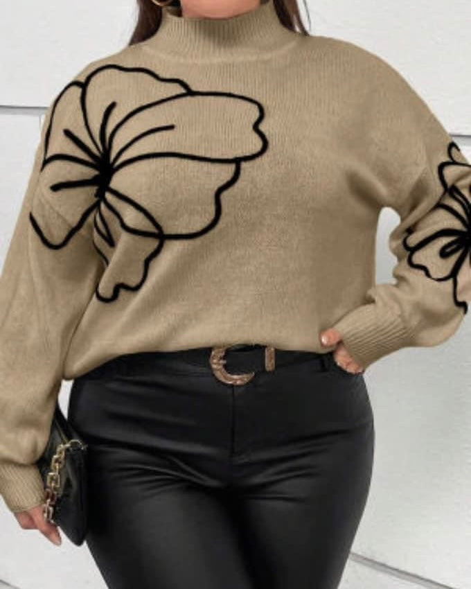 Plus Size Mocha Brown with Black Stitched Flower Sweater Top