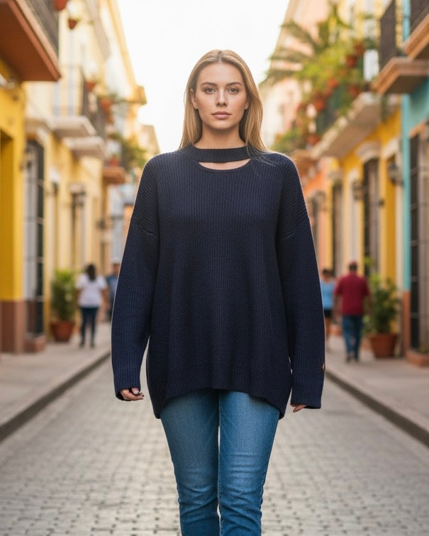 Navy Blue Slit Neck Long Sleeve Sweater Top
