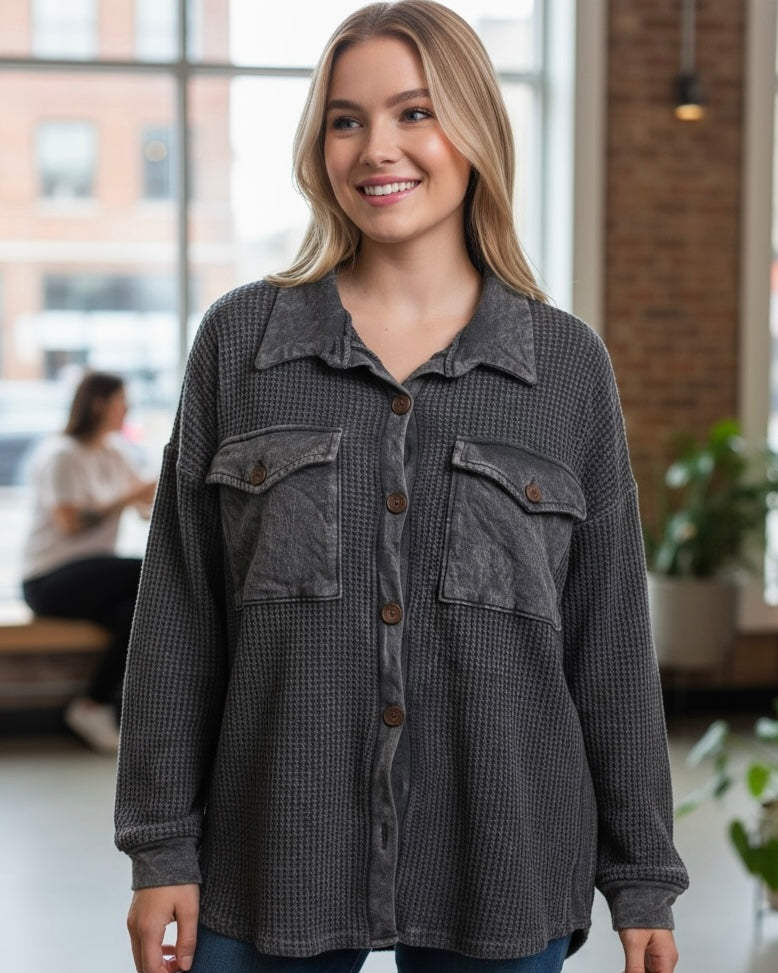 Brown Acid Wash Waffle Pocket Oversized Button Shacket