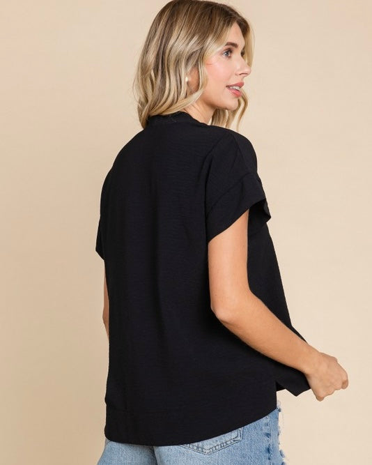 Plus Size Solid Black VNeck Kimono Short Sleeve Top