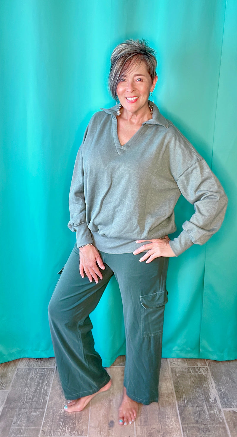 Emerald Green, Terra Cotta Nutshell, Pumice Cream or Slate Blue Organic Cotton Cargo Leg Lounge Sweat Pants