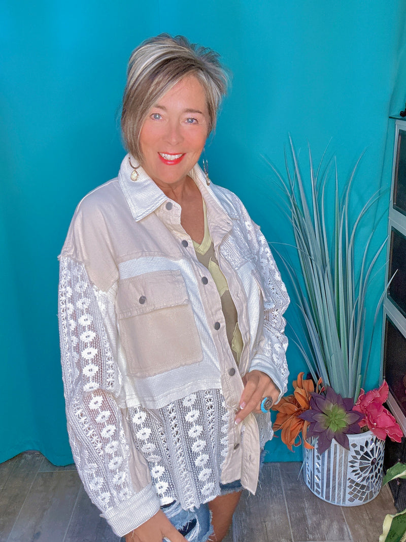 Natural Cream Boho Button Down Thermal Crocket Mix Fabric Fray Edge Long Sleeve Oversized Shirt Jacket