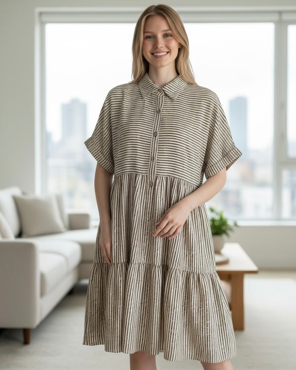 Tan & Brown Striped Ruffle Tier Short Sleeve Button Neck Collar Dress