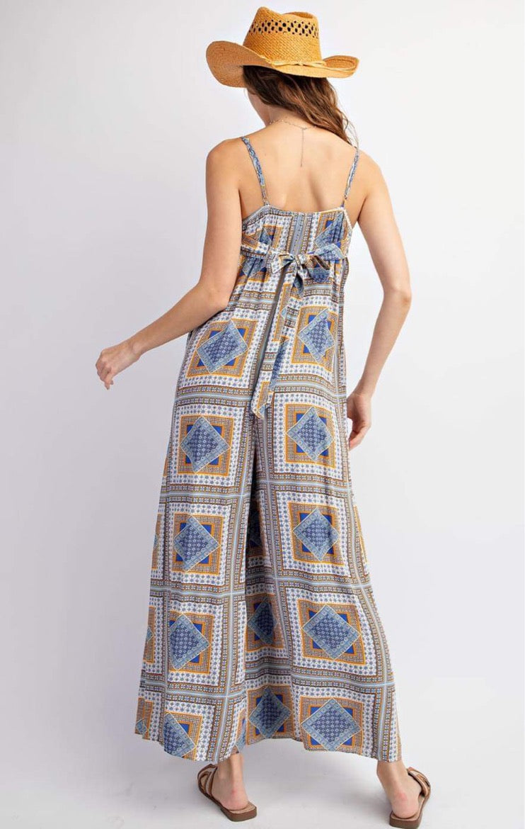 Blue & Brown or Pink & Black Graphic Square Boho Lightweight Spaghetti Strap Sleeveless Wide Leg Jumpsuit