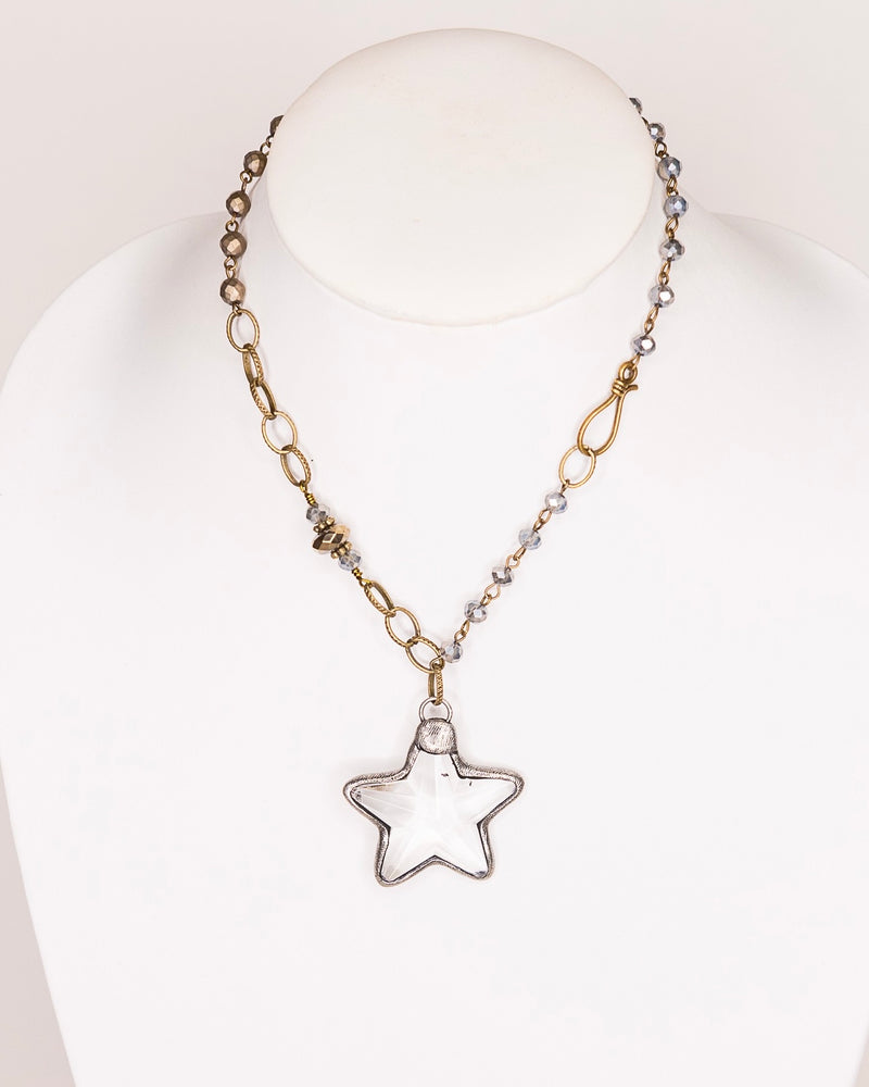Crystal Star Pendant in Shorter Style Necklace in Silver and Dark Gun Metal Vintage Style with Grey Beads