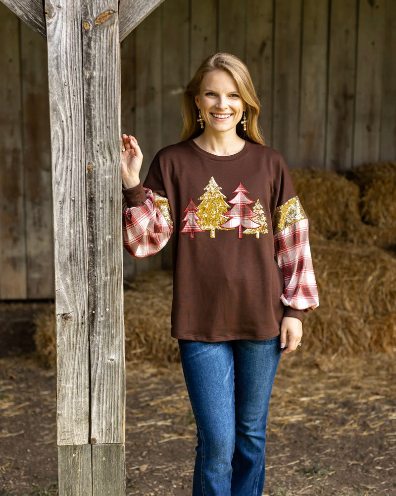 CMAS Brown Plaid Christmas Tree Sequin Long Sleeve Sweatshirt