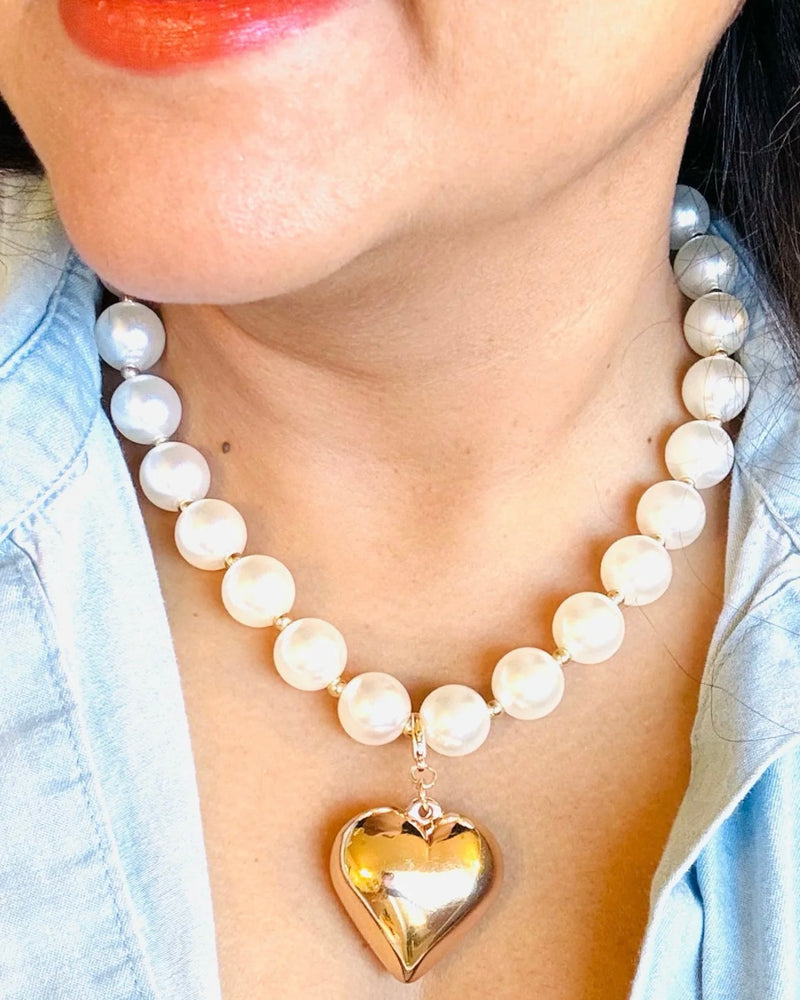 Double Pearl Beaded Chunky Short Necklace with Gold Heart Pendant