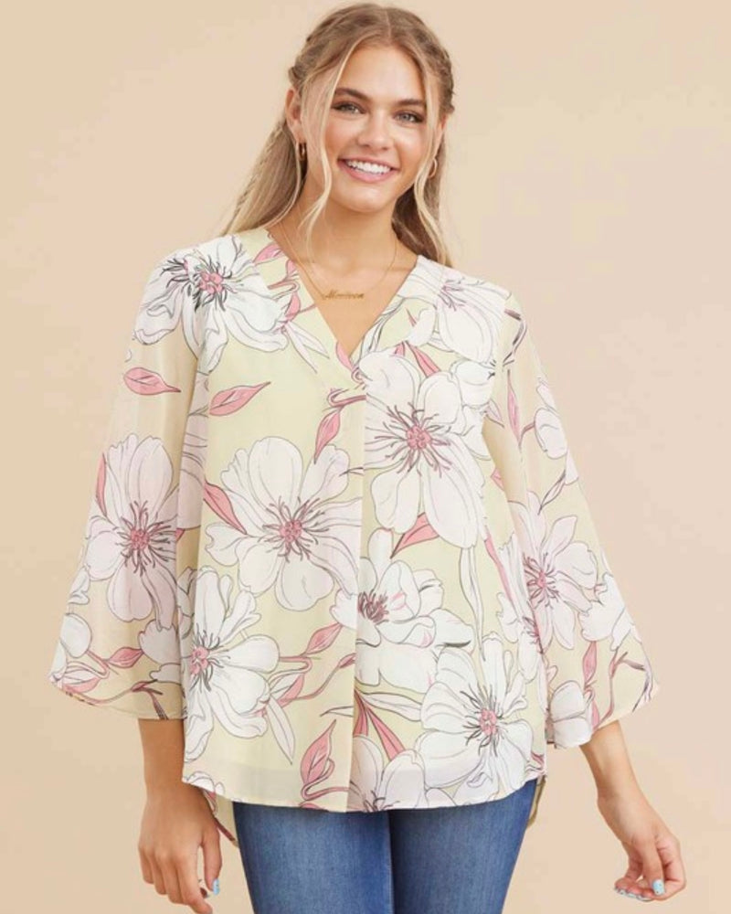 Pistachio Chiffon Large Flower Print Waterfall 3/4 Ruffle Sleeve VNeckline Blouse