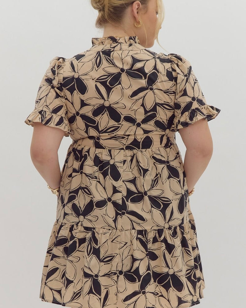 Black & Cream Floral Print VNeck Short Sleeve Ruffle Trim Cotton Dress