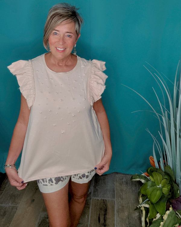 Natural Cream French Terry Round Neck Ruffle Cap Sleeve Pearl Embellished Top