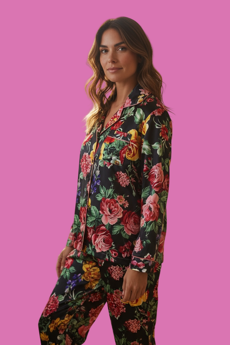 Black Floral Print 2 Pc Pant Satin Lined Pajama Lounge Set