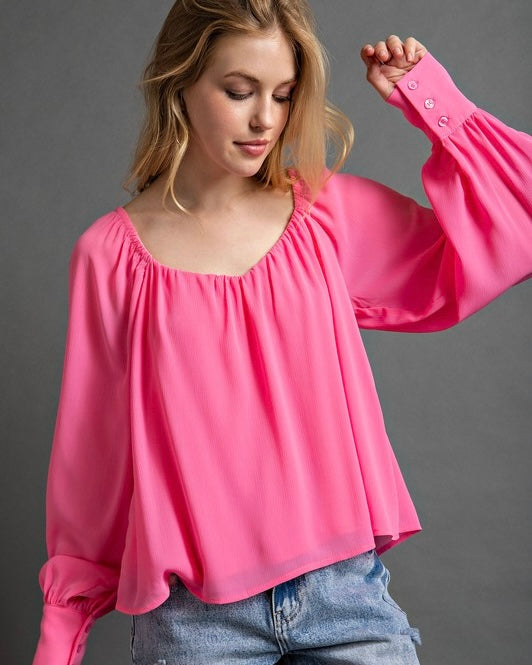 White or Pink Relaxed Fit Long Button Cuff Sleeve Elastic Neck Chiffon Blouse
