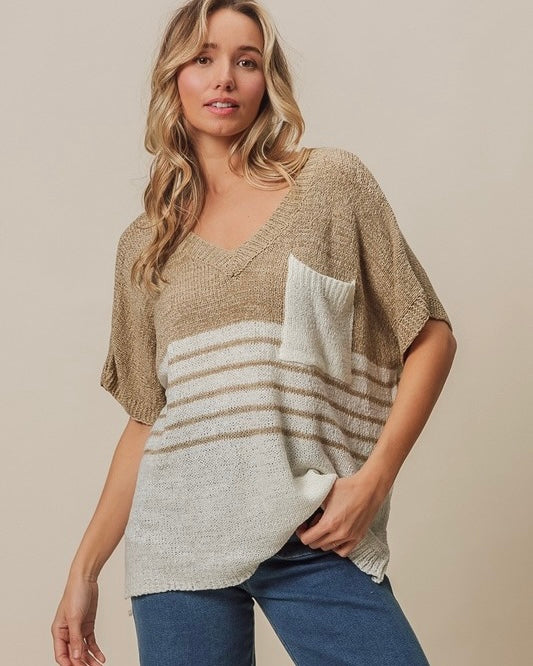 Khaki & White Color Block Short Sleeve Chest Pocket Knit Top