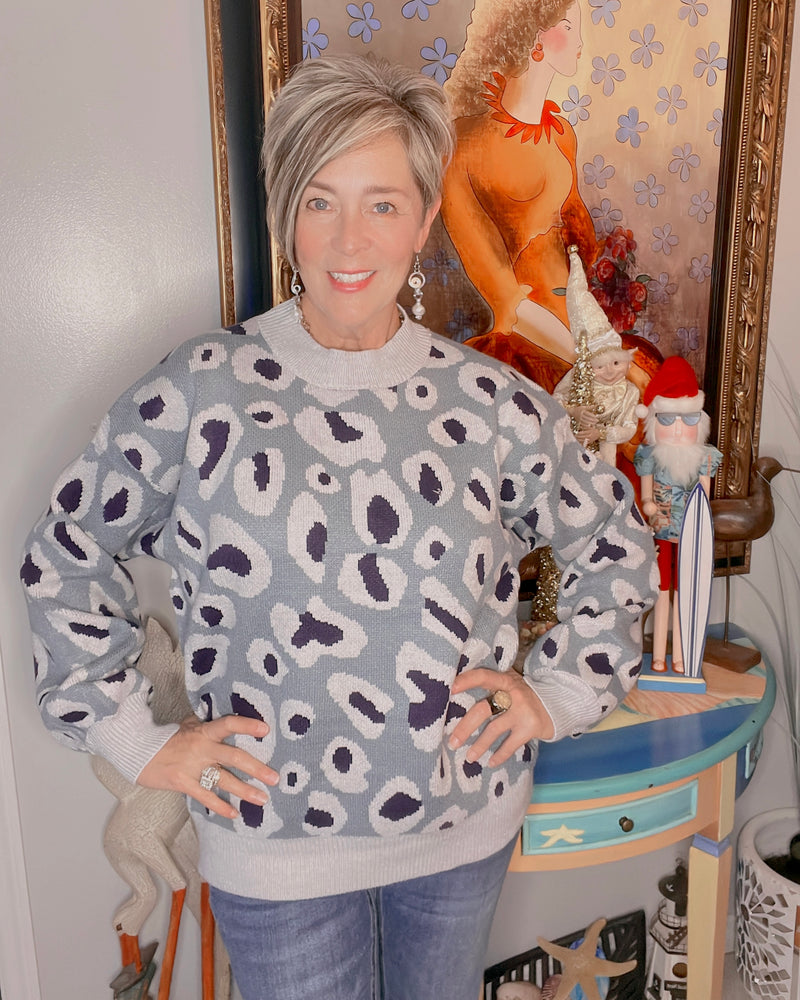 Slate Blue Fuzzy Leopard Animal Print Sweater