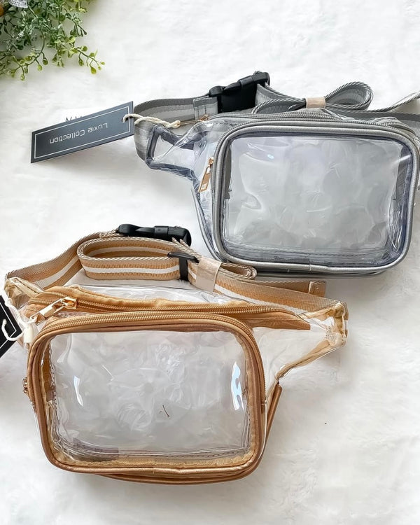 Gold or Silver Clear Gameday Crossbody Bag Zipper Fanny Pack w/wide Belt