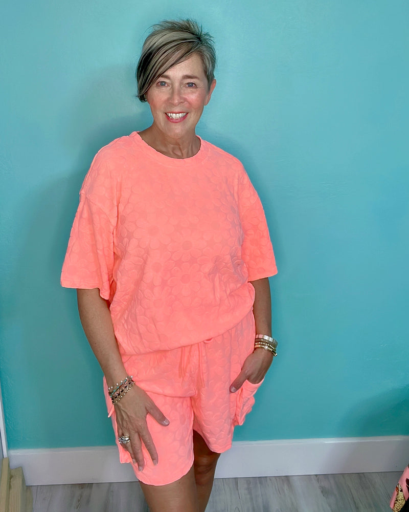 2 pc Light Pink or Peach Coral Flower Embossed Textured Shorts and Short Sleeve Pullover Lounge Set