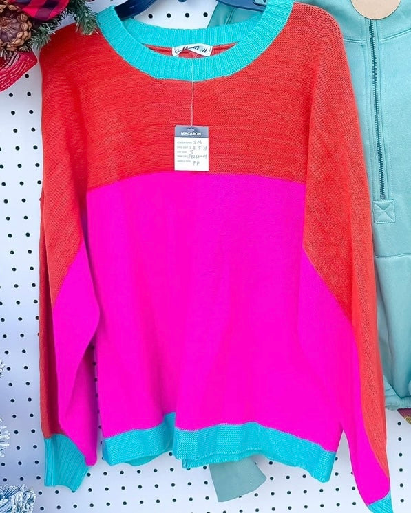 Orange & Pink Color Block Long Sleeve Sweater