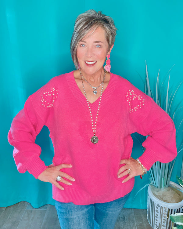 Pink Sweater with Raised Hearts Embellished with Pearls Long Sleeves