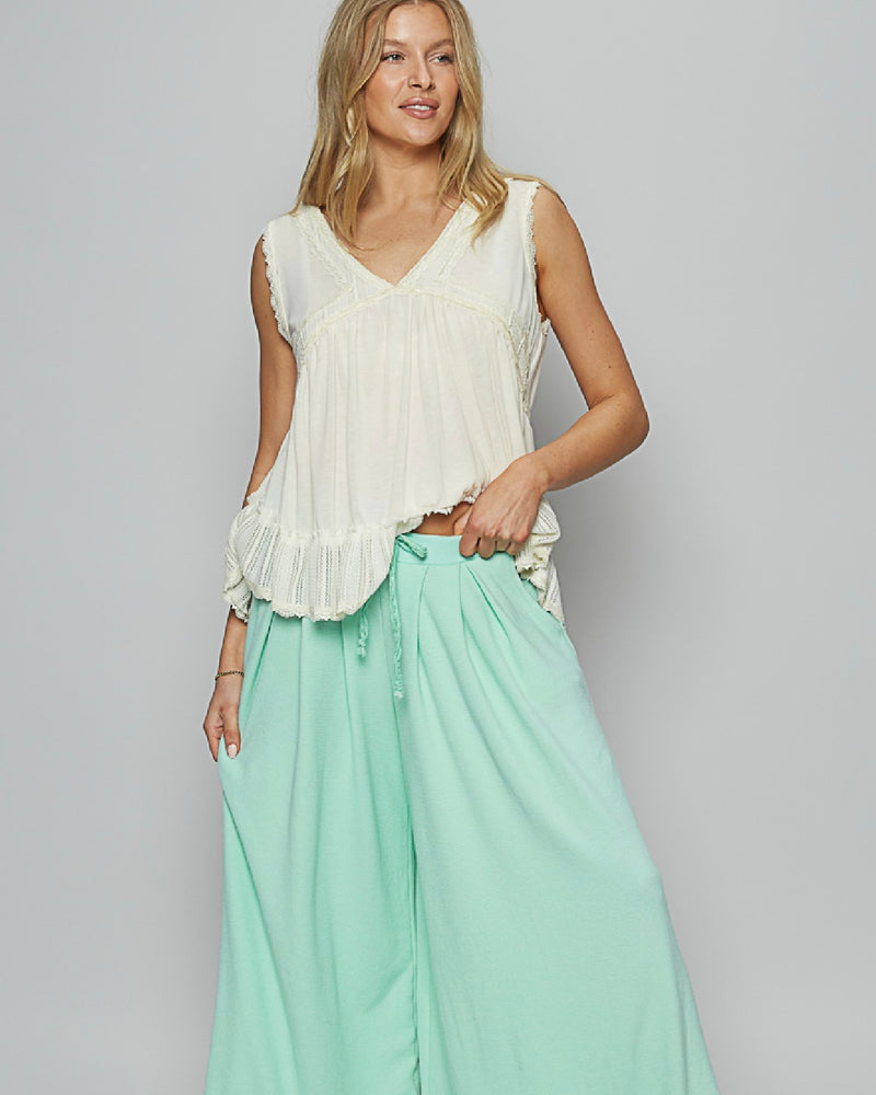Solid Mint Turquoise Blue Wide Flare Drawstring Elastic Waist Pocket Lounge Pant