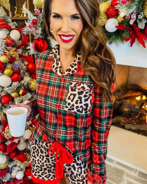Safari Chic Christmas Red & Green Plaid & Leopard Animal Print 2 Pc Pajama Short Set