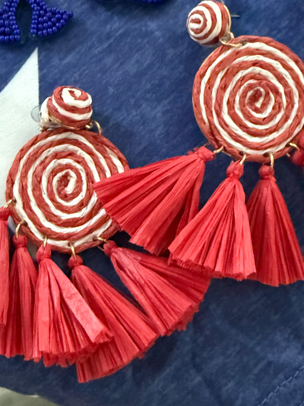 Red & White Straw Round Tassel Drop Earrings