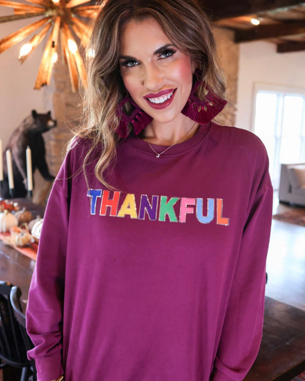 Magenta Sequin "Thankful" Pullover Long Sleeve Sweatshirt