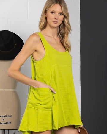 Solid Lime Green or Pink Gauze Pocket Cami Sleeveless Mini Tunic Tank Dress