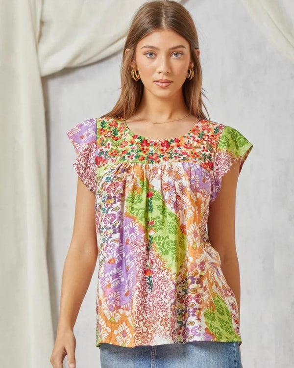 Vibrant Multicolor Garden Floral Print Ruffle Short Cap Sleeve Embroidered Top