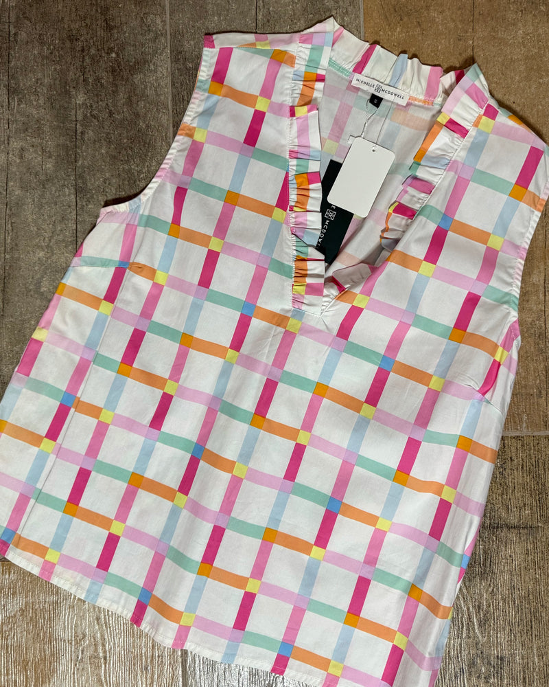Pastel Plaid on White Ruffle Open VNeck Sleeveless Cotton Tank Top