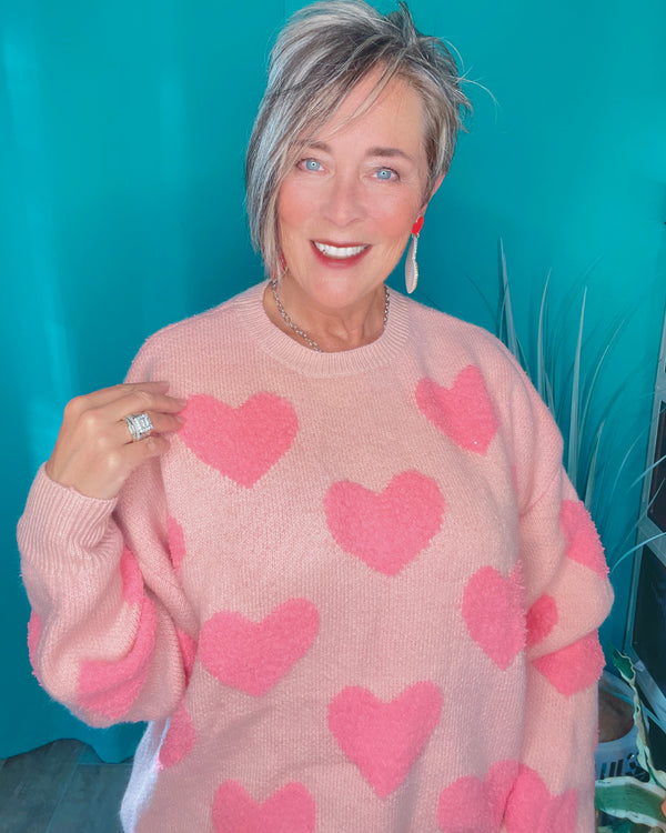 Light Pink on Pink Sweater with Raised Embellished Hearts Long Sleeves