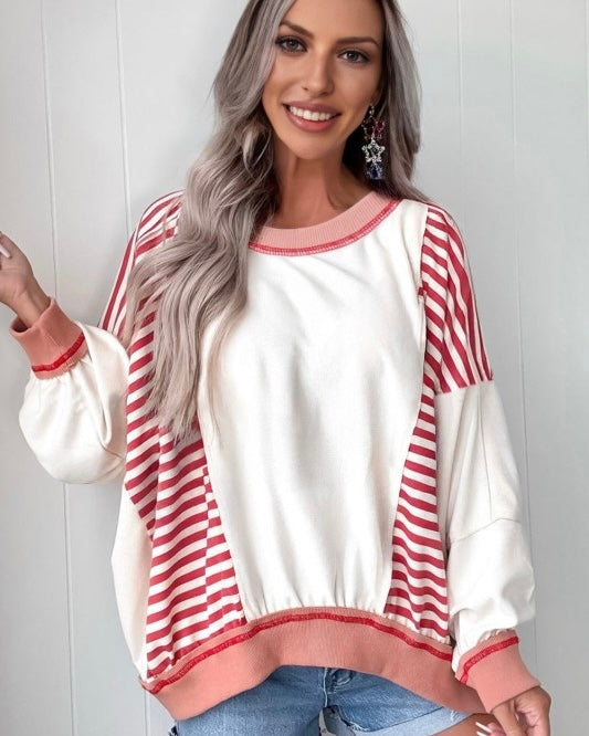 White with Red Stripe Long Sleeve Oversize Pullover Sweatshirt Top