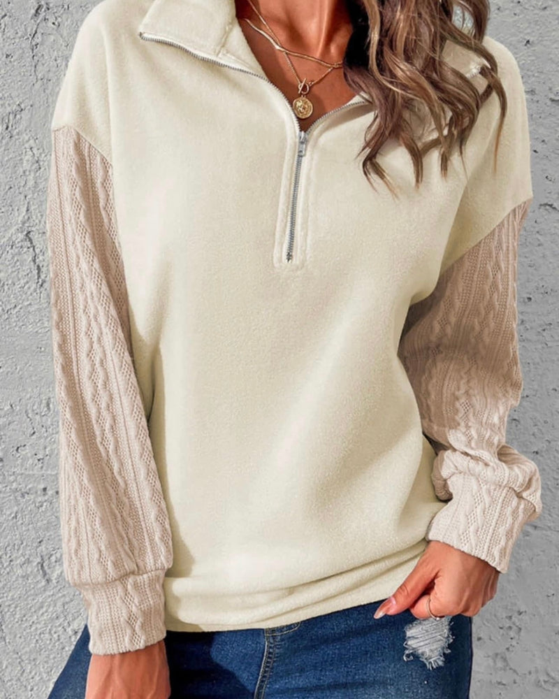 Cream Fleece Zip Front Long Sweater Sleeve Pullover Top