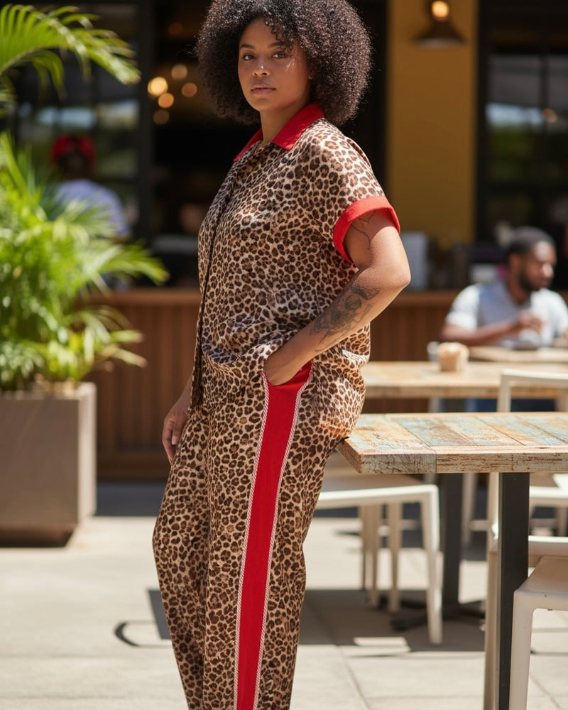 Chic Leopard Red Contrast Stripe Pant & Short Sleeve Button Down Top 2 Pc Set